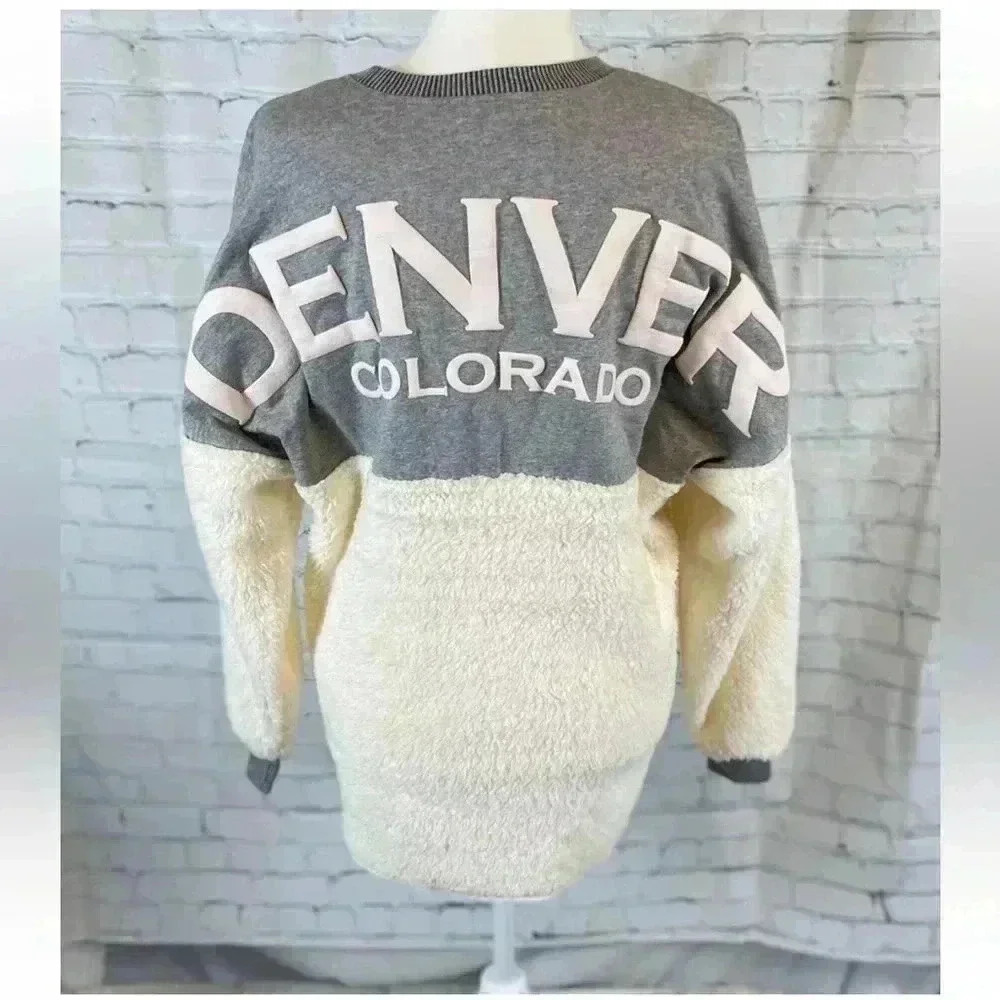 NEW SPIRIT JERSEY Sweatshirt Oversized Womens Size XS Sherpa Fleece DENVER CO‎